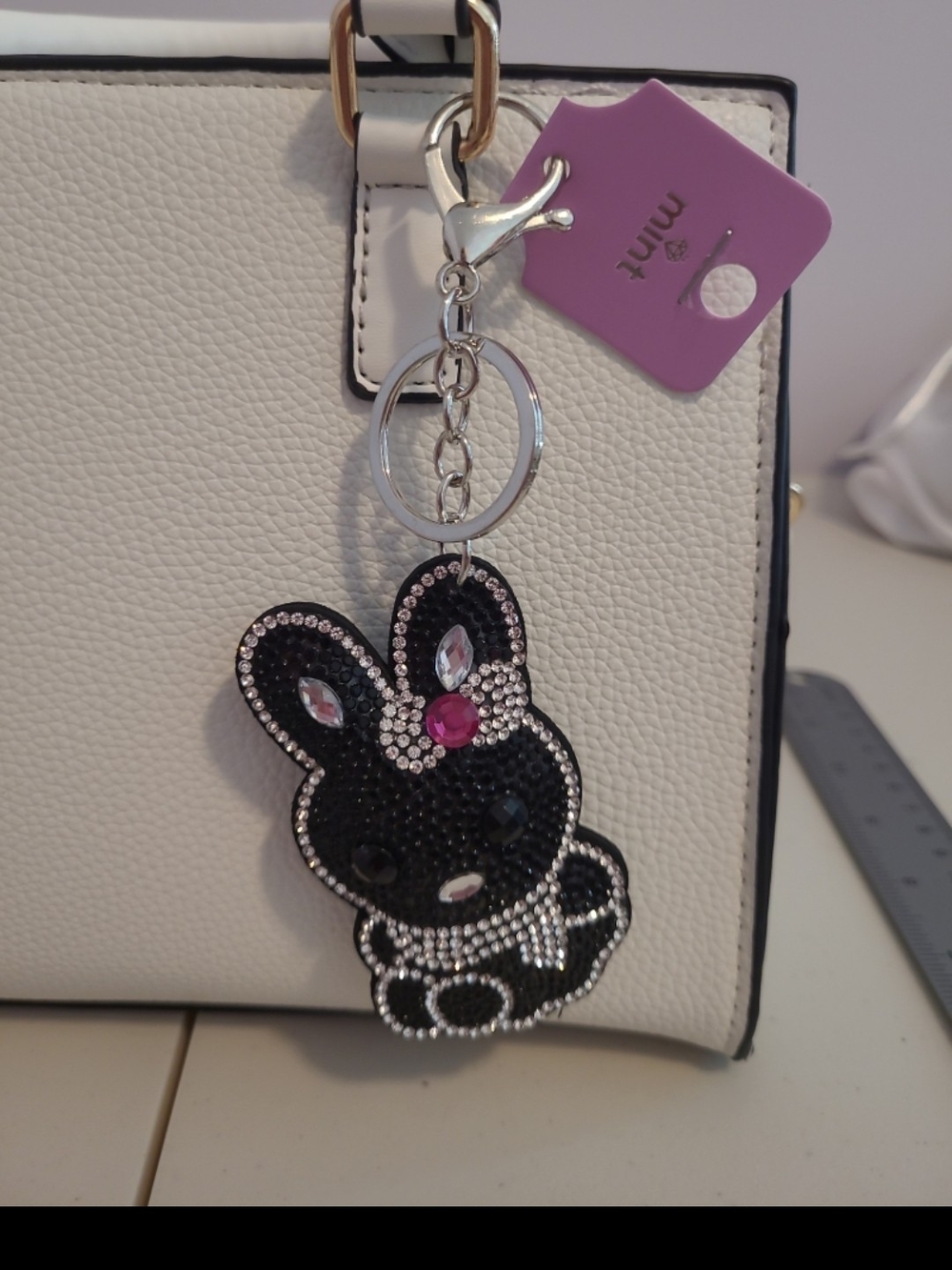 Bling Black Bunny Keychain Charm with Pink Tag